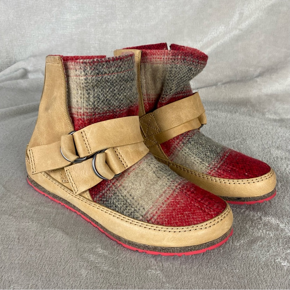 Sorel Yaquina Blanket Women's Ankle Boots Size 7 Tan Red Leather Bootie NEW